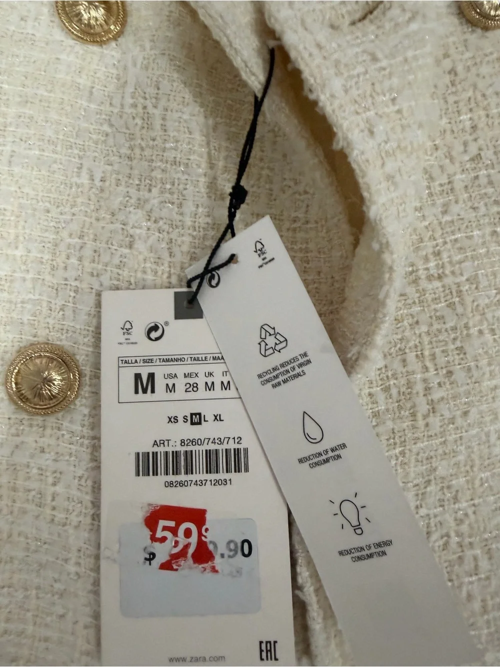 Zara Boucle tweed Double-Breasted Blazer Jacket with Gold Buttons NEW WITH TAGS - Picture 2 of 3